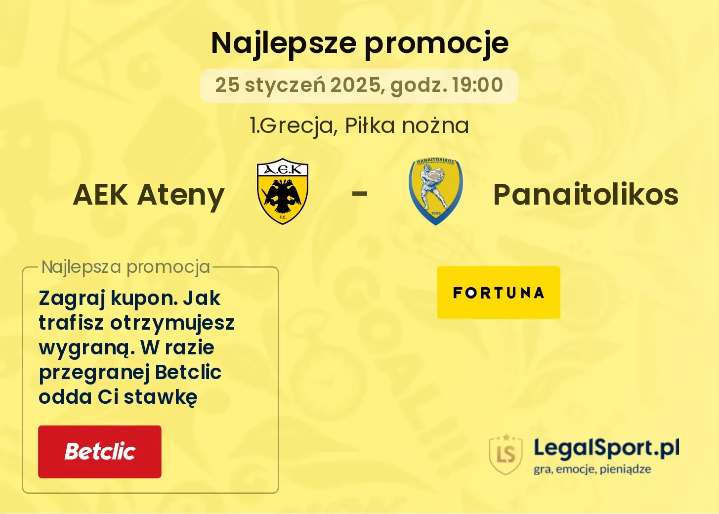 AEK Ateny - Panaitolikos promocje bukmacherskie