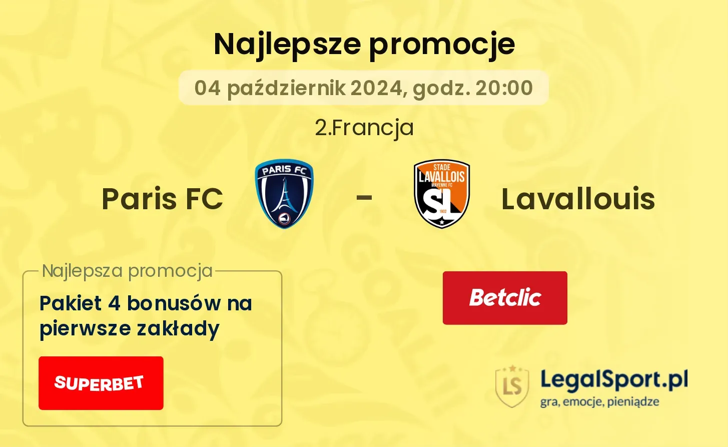 Paris FC - Lavallouis promocje bukmacherskie 04.10, 20:00