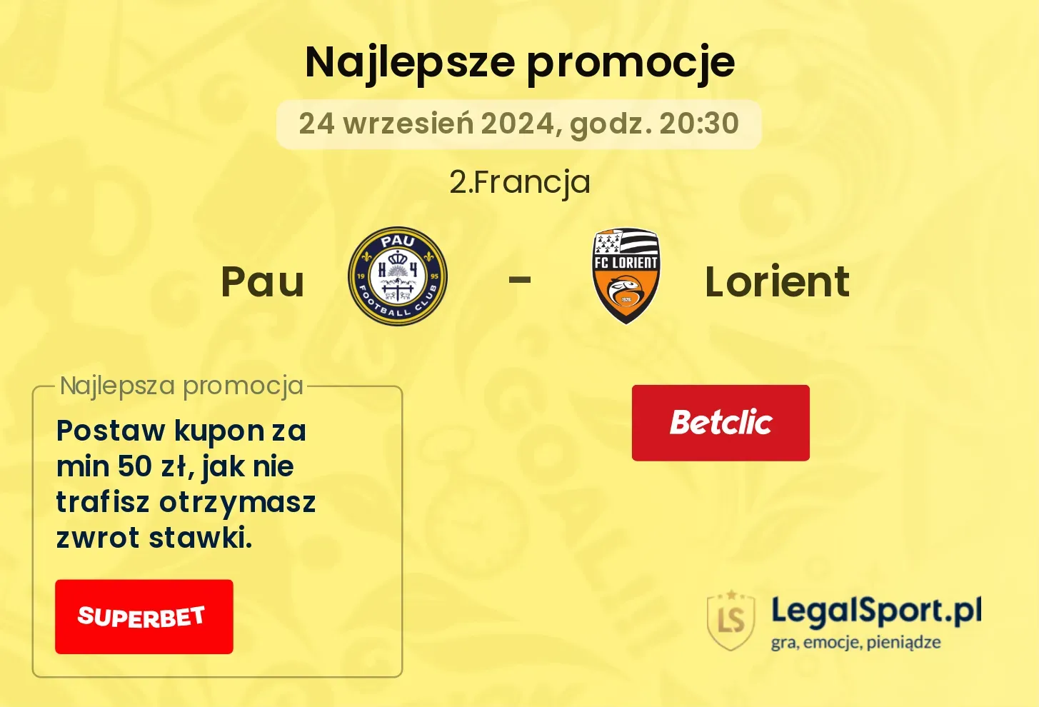 Pau - Lorient promocje u bukmacherów 24.09, 20:30
