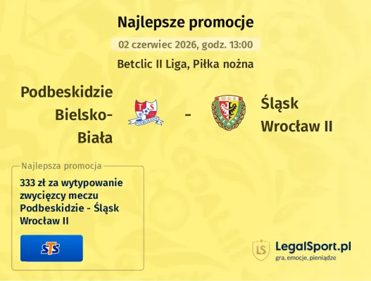 333 zł za wytypowanie zwycięzcy meczu Podbeskidzie - Śląsk Wrocław II od STS