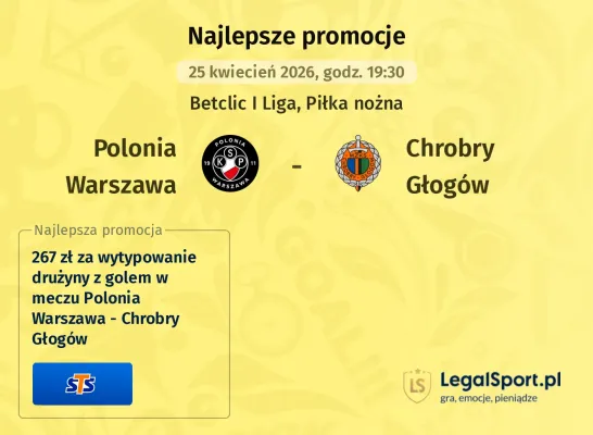 267 zł za wytypowanie drużyny z golem w meczu Polonia Warszawa - Chrobry Głogów od STS