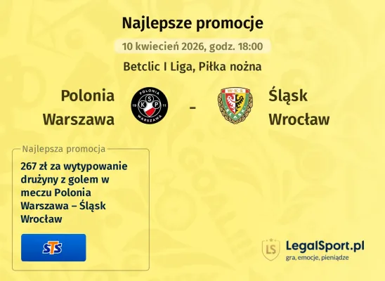 STS: 267 zł za wytypowanie drużyny z golem w meczu Polonia Warszawa – Śląsk Wrocław