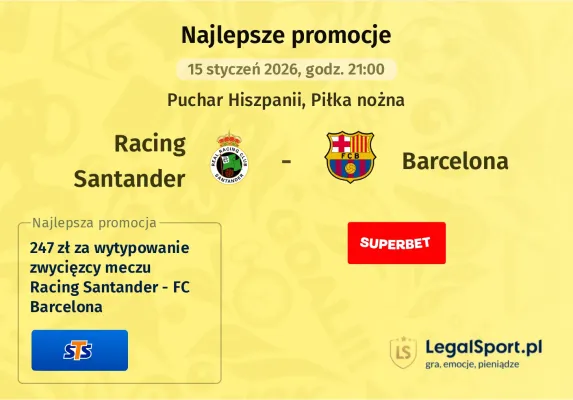 247 zł za wytypowanie zwycięzcy meczu Racing Santander - FC Barcelona od STS
