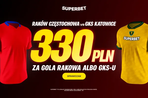 Bonus 330 PLN za gola wybranej drużyny w meczu Raków Częstochowa - GKS Katowice od Superbet