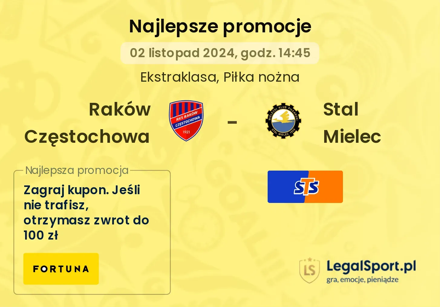 Raków Częstochowa - Stal Mielec promocje bukmacherskie 02.11, 14:45
