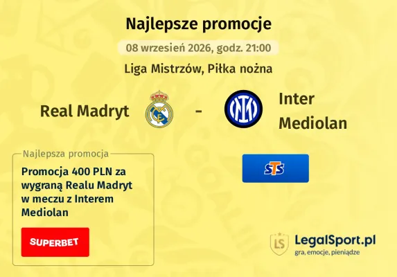 Promocja STS: 300 zł za wytypowanie zwycięzcy meczu Real Madryt - Inter Mediolan