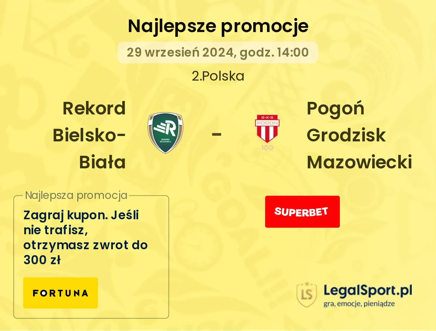 Rekord Bielsko-Biała - Pogoń Grodzisk Mazowiecki promocje bukmacherskie 29.09, 14:00