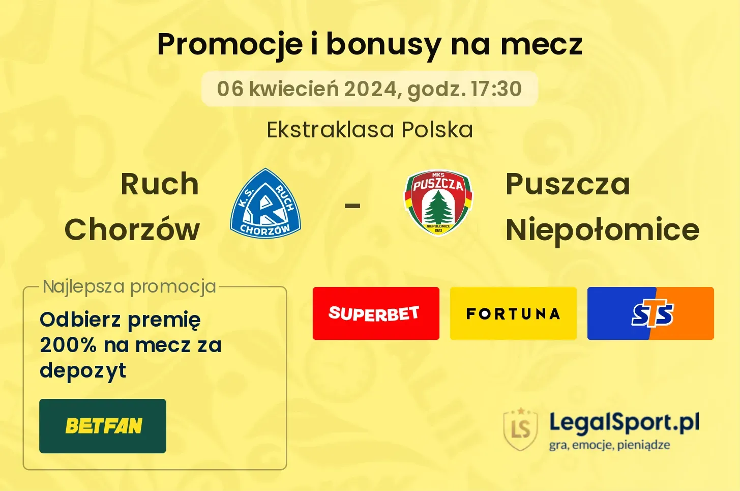 Ruch Chorzów - Puszcza Niepołomice promocje bonusy na mecz
