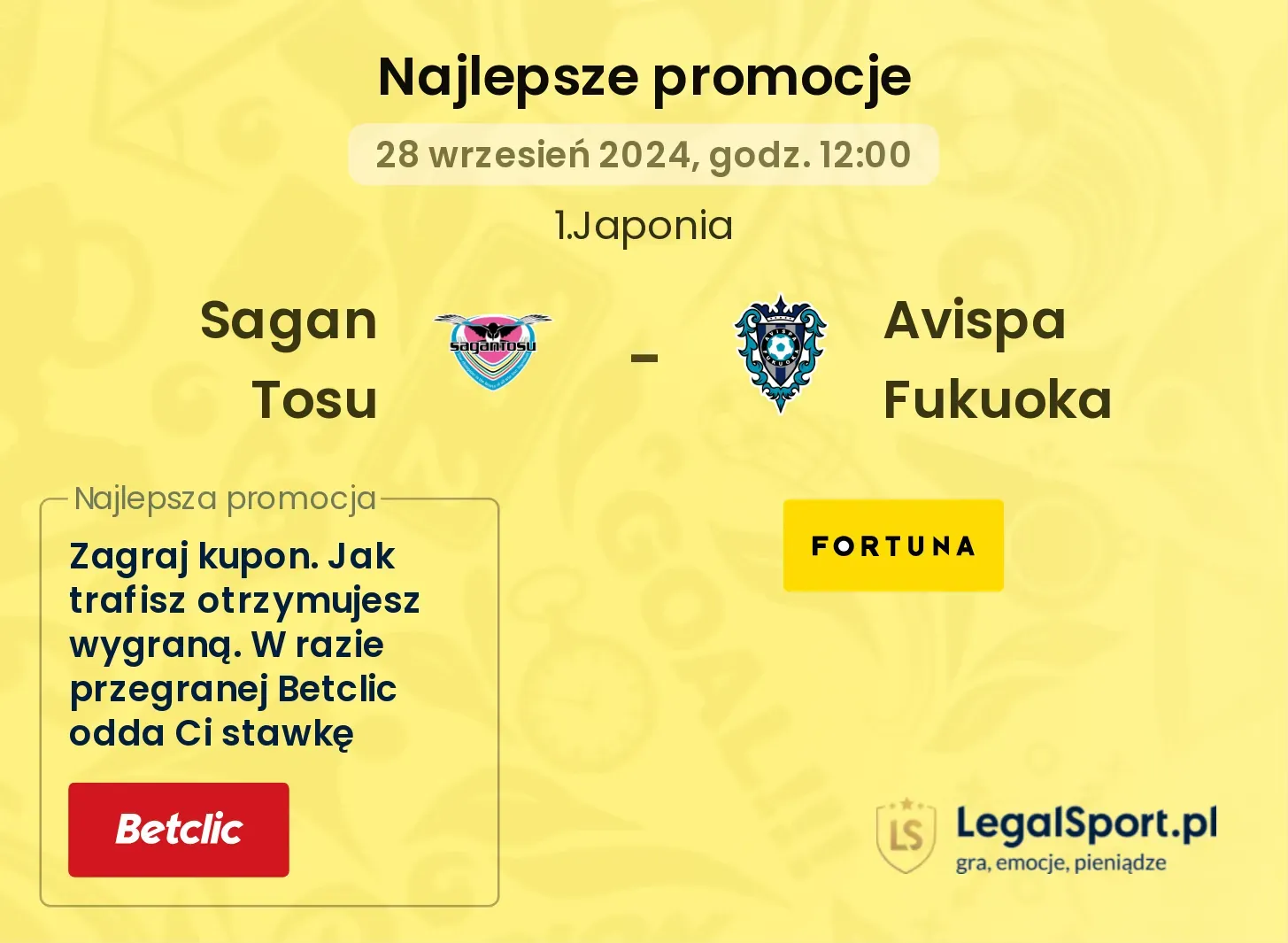 Sagan Tosu - Avispa Fukuoka promocje bukmacherskie 28.09, 12:00