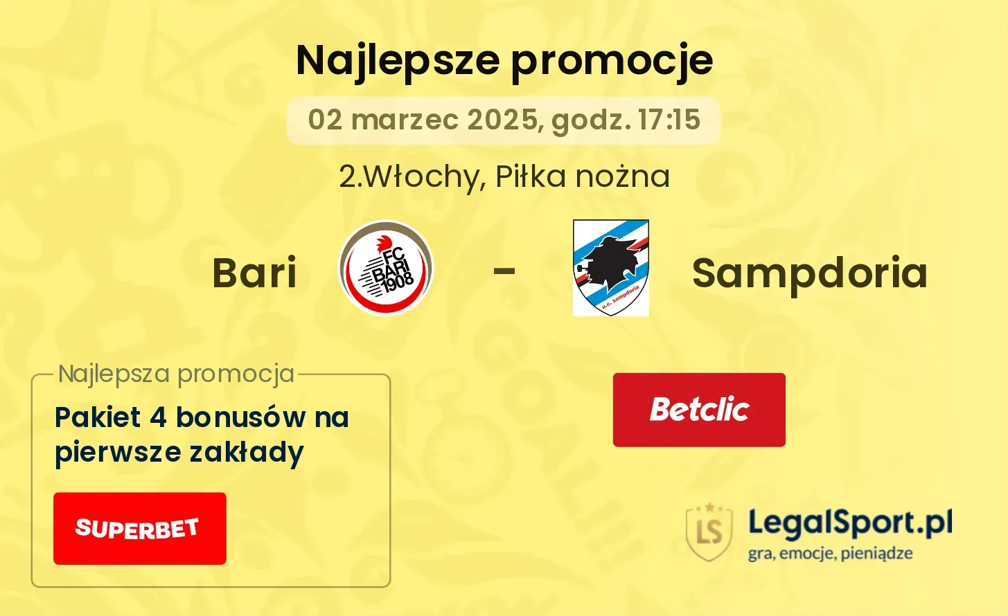 Bari - Sampdoria promocje u bukmacherów