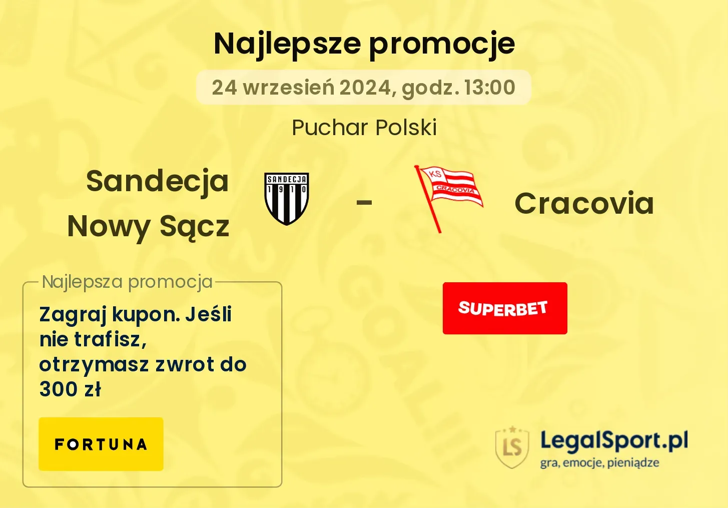 Sandecja Nowy Sącz - Cracovia promocje u bukmacherów 24.09, 13:00