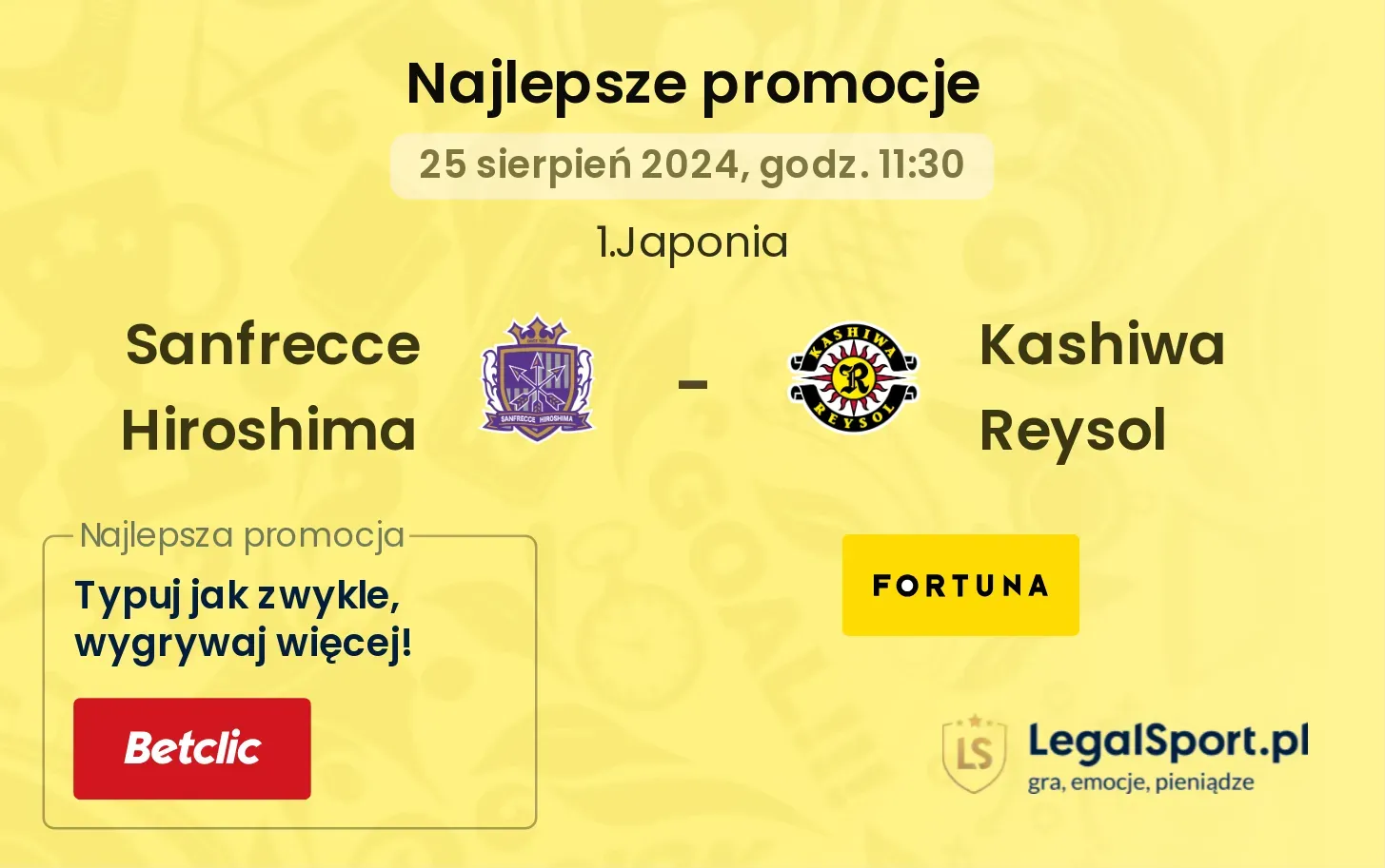 Sanfrecce Hiroshima - Kashiwa Reysol promocje u bukmacherów 25.08, 11:30
