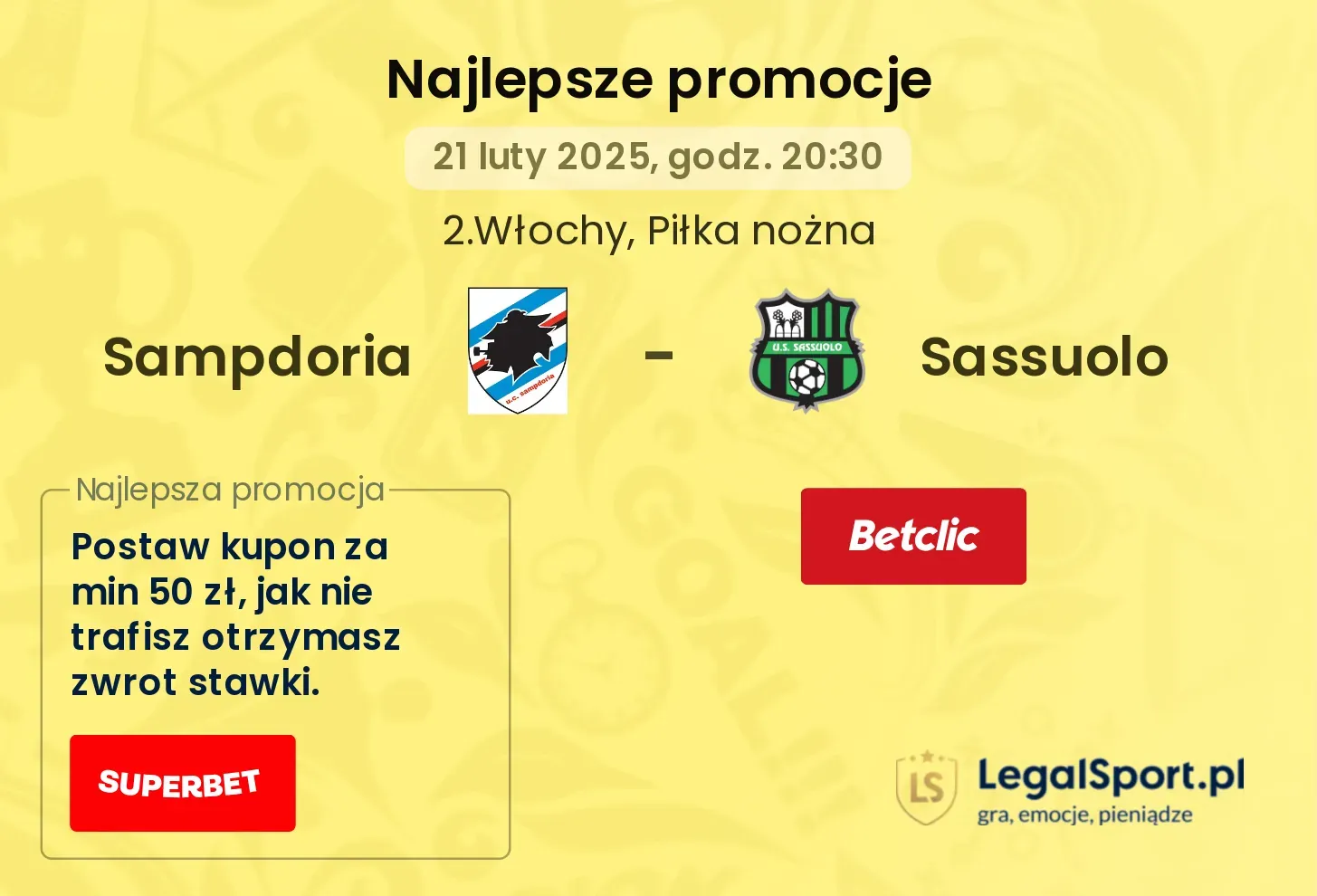 Sassuolo - Sampdoria promocje bonusy na mecz
