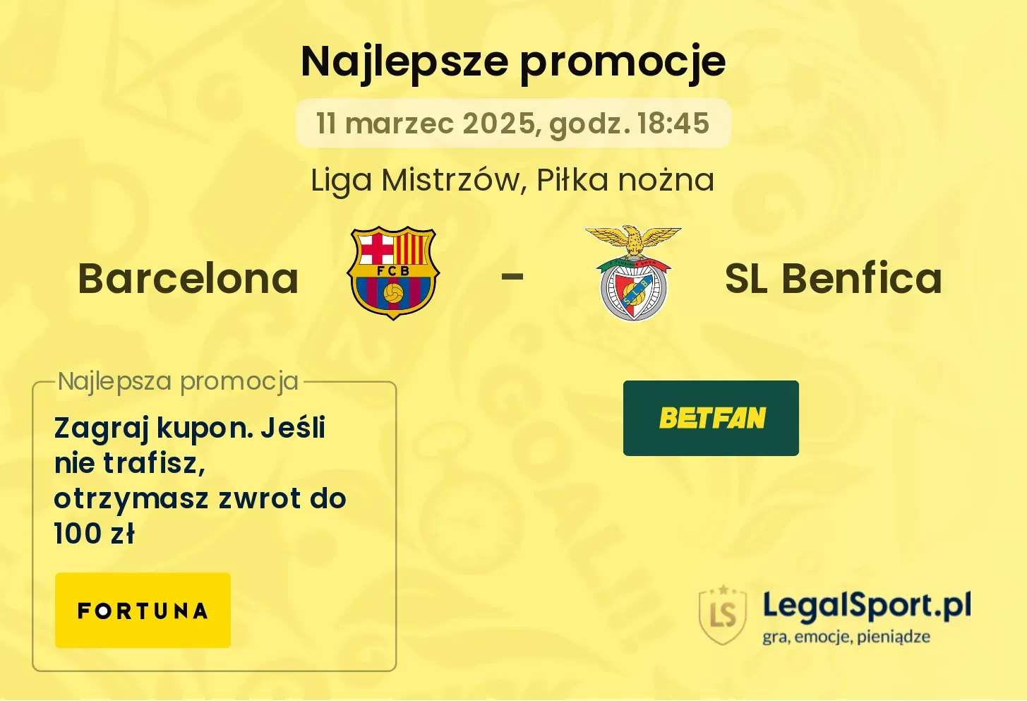 150 zł od LV BET jeśli Barcelona pokona Benfikę, 400 zł za czyste konto Szczęsnego od Superbet