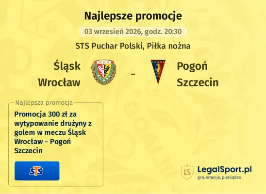 Promocja STS: 300 zł za wytypowanie drużyny z golem w meczu Śląsk Wrocław - Pogoń Szczecin