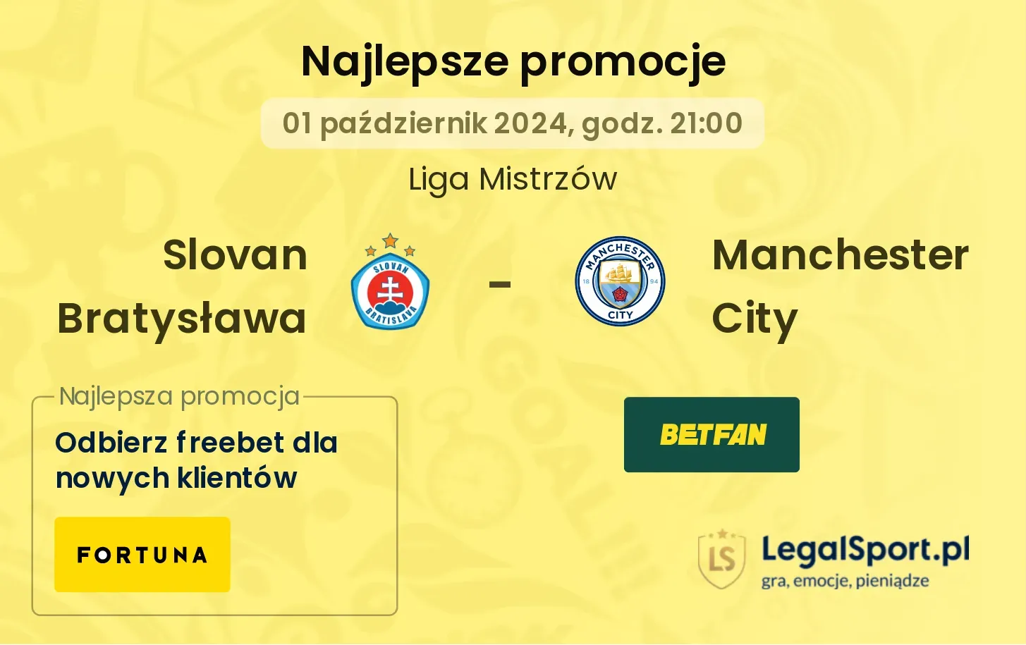Slovan Bratysława - Manchester City promocje u bukmacherów 01.10, 21:00