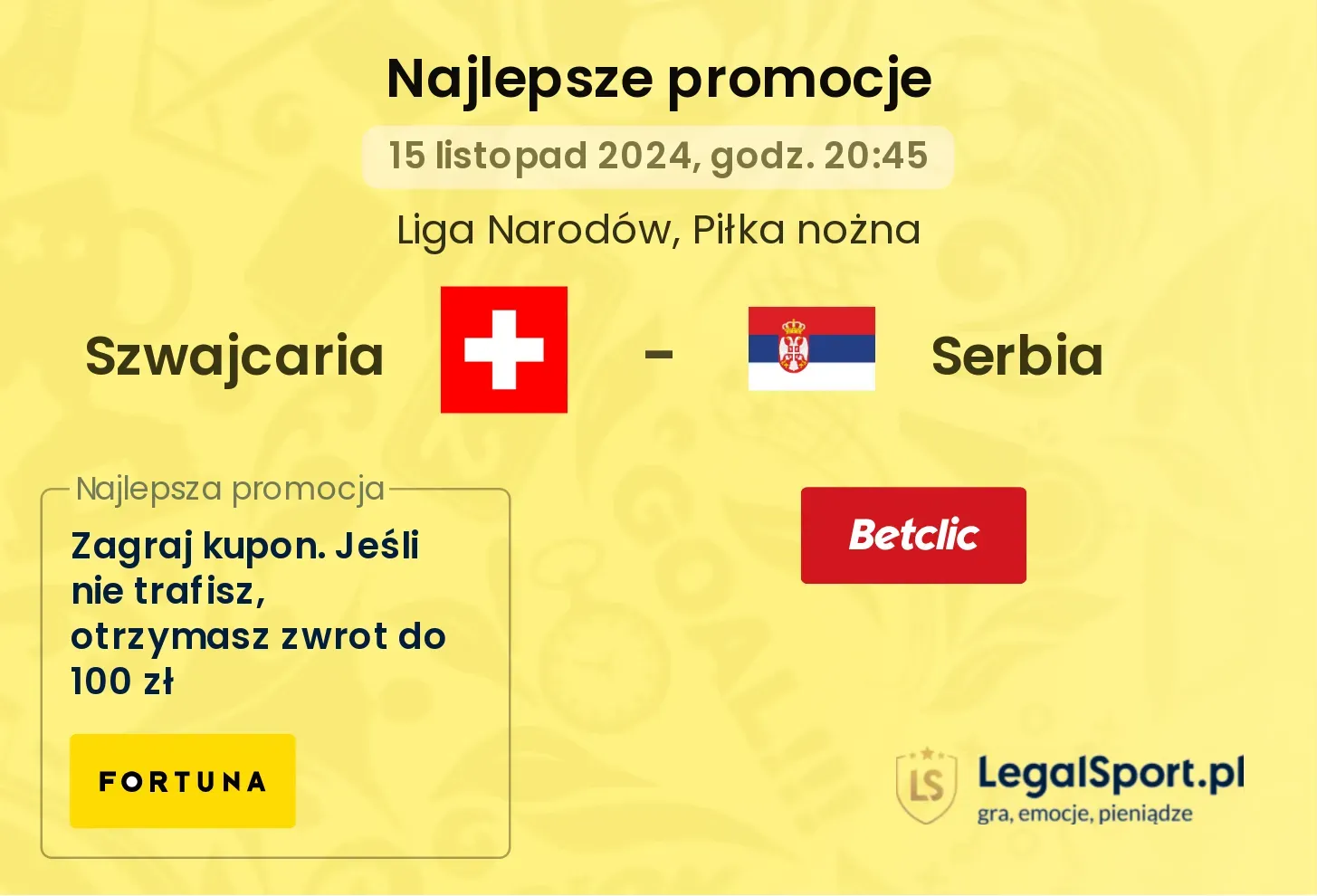 Szwajcaria - Serbia promocje bukmacherskie 15.11, 20:45