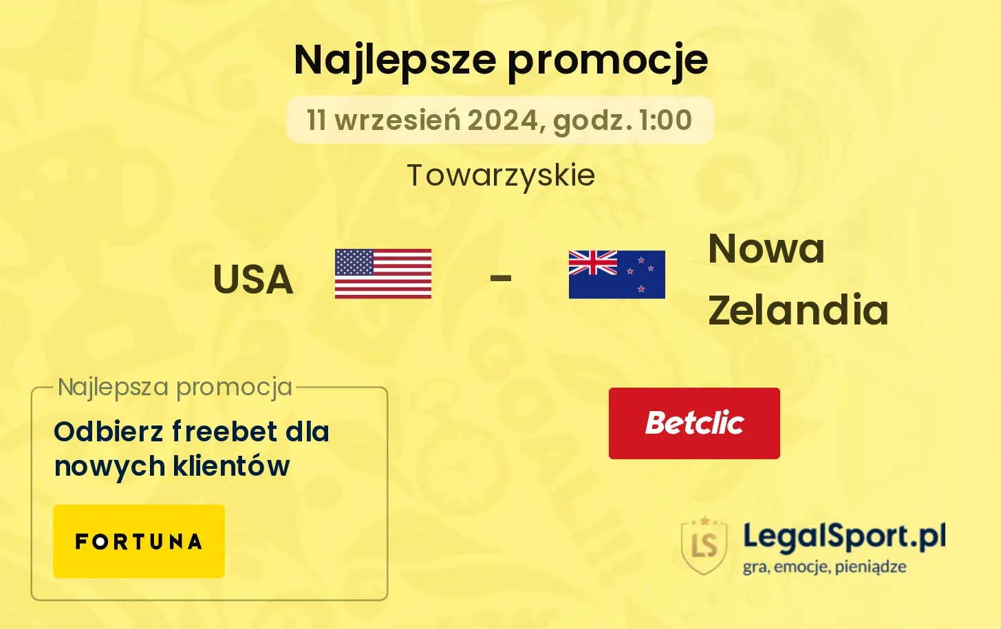 USA - Nowa Zelandia promocje bukmacherskie 11.09, 01:00