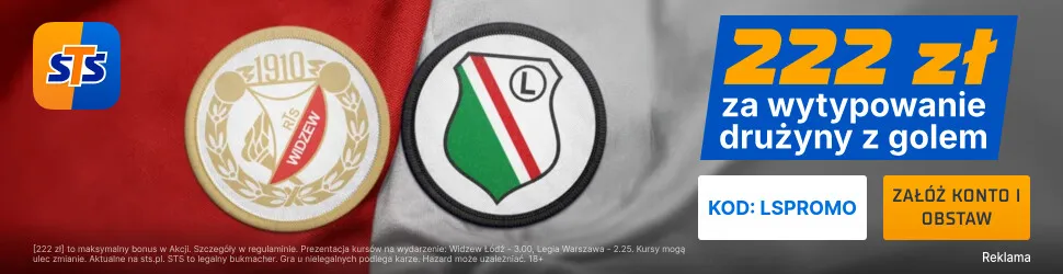 222 zł za wytypowanie drużyny z golem w meczu Widzew - Legia od STS