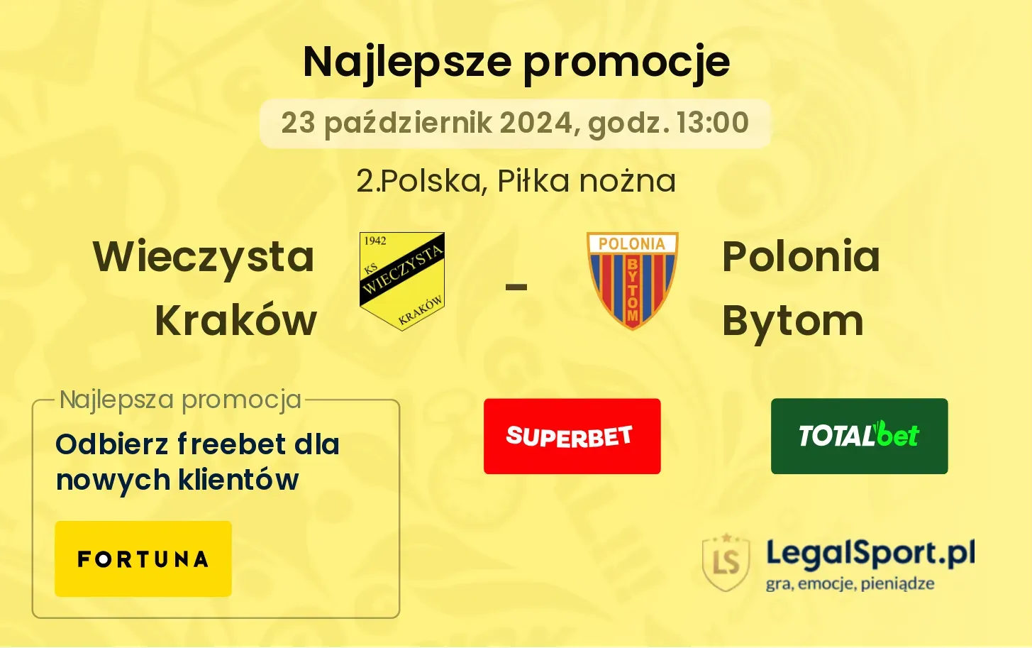 Wieczysta Kraków - Polonia Bytom promocje u bukmacherów 23.10, 13:00