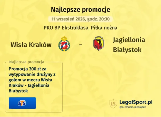 Promocja STS: 300 zł za wytypowanie drużyny z golem w meczu Wisła Kraków - Jagiellonia Białystok