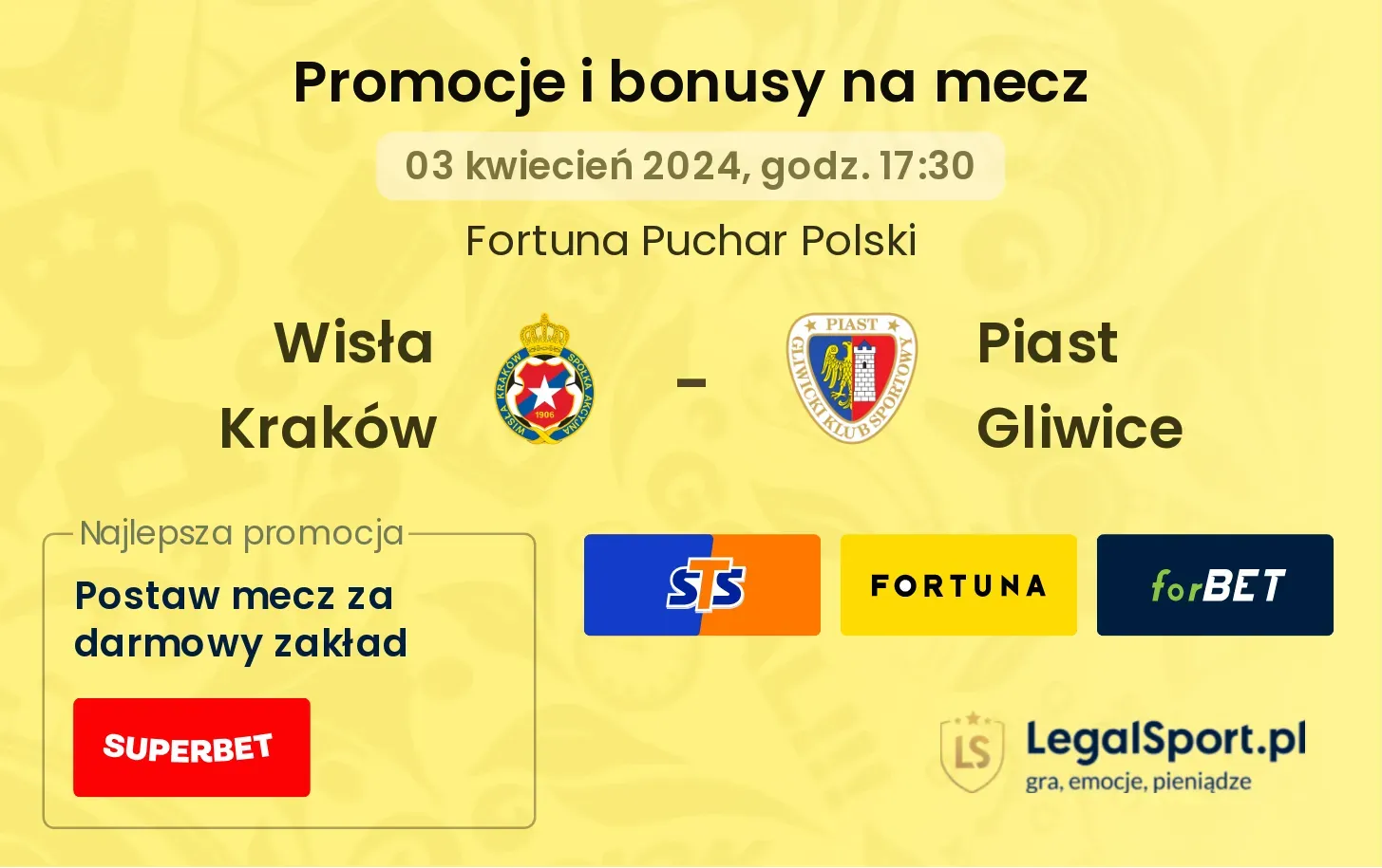 Wisła Kraków - Piast Gliwice promocje bonusy na mecz