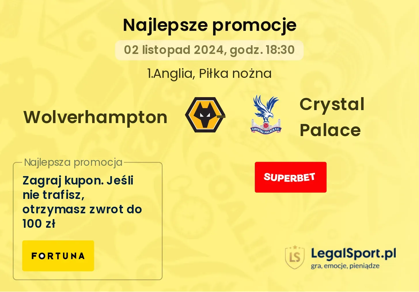 Wolverhampton - Crystal Palace promocje u bukmacherów 02.11, 18:30