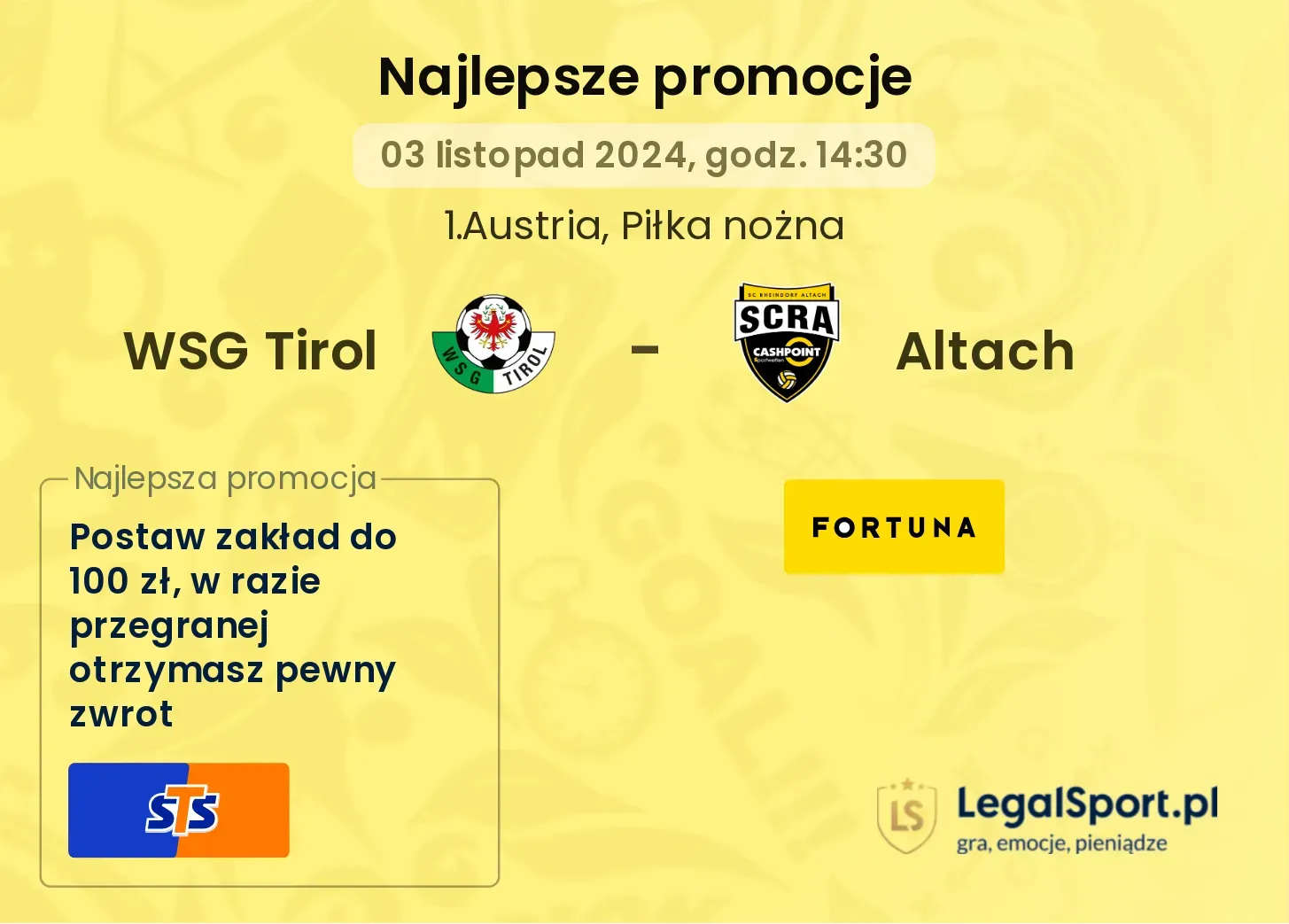 WSG Tirol - Altach promocje u bukmacherów 03.11, 14:30