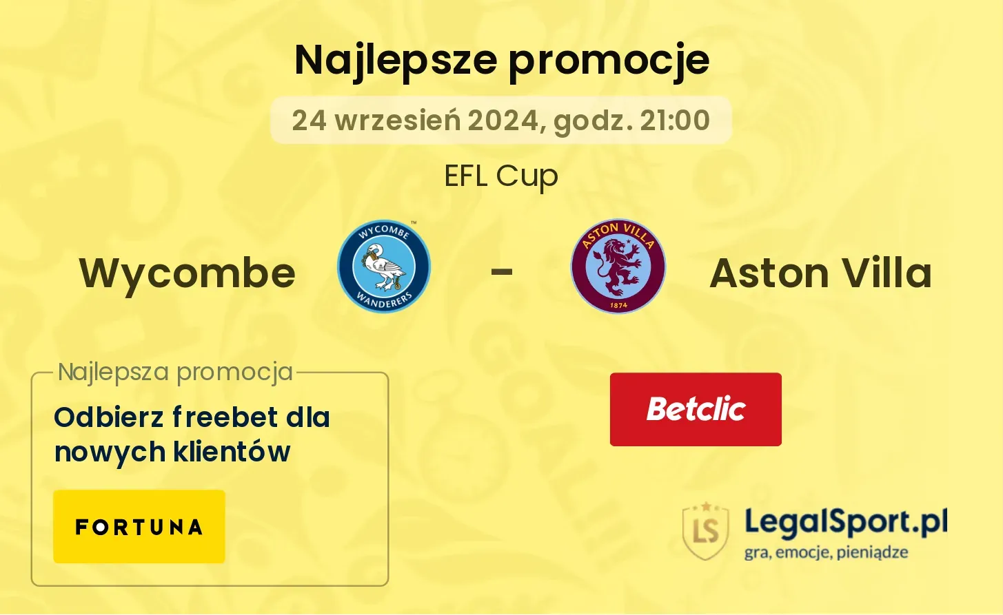 Wycombe - Aston Villa promocje bukmacherskie 24.09, 21:00