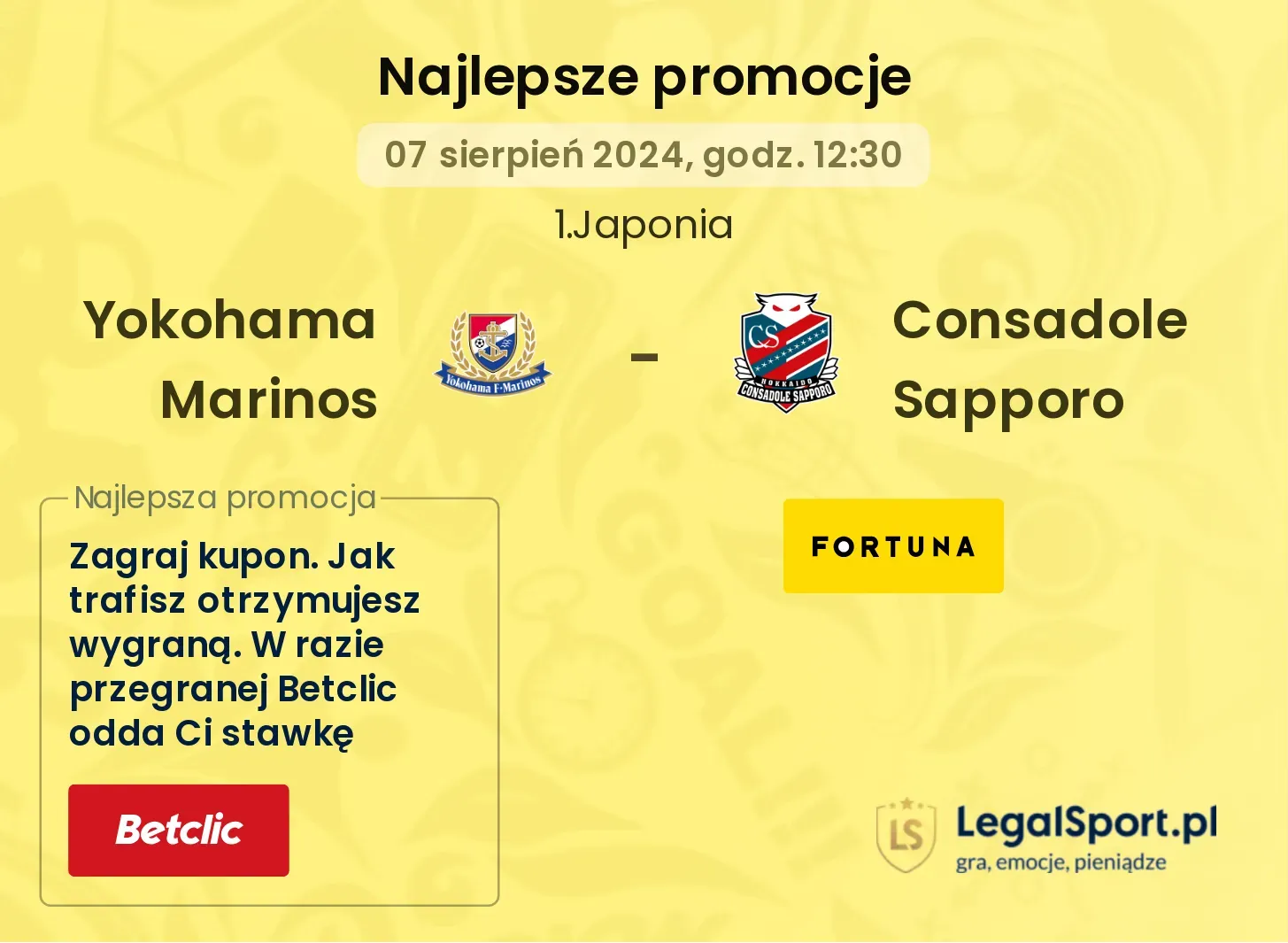 Yokohama Marinos - Consadole Sapporo promocje u bukmacherów (07.08, 12:30)