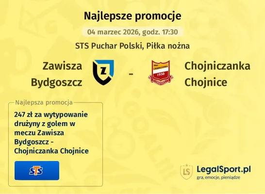STS: 247 zł za wytypowanie drużyny z golem w meczu Zawisza Bydgoszcz - Chojniczanka Chojnice
