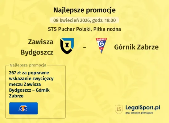 STS: 267 zł za wytypowanie zwycięzcy meczu Zawisza Bydgoszcz – Górnik Zabrze