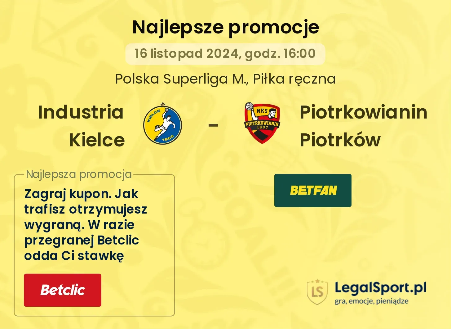 Industria Kielce - Piotrkowianin Piotrków promocje bukmacherskie 16.11, 16:00