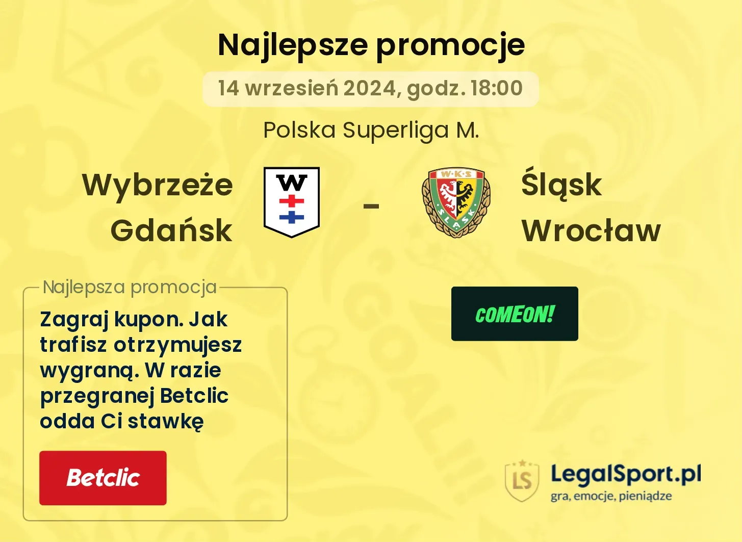 Wybrzeże Gdańsk - Śląsk Wrocław promocje u bukmacherów 14.09, 18:00
