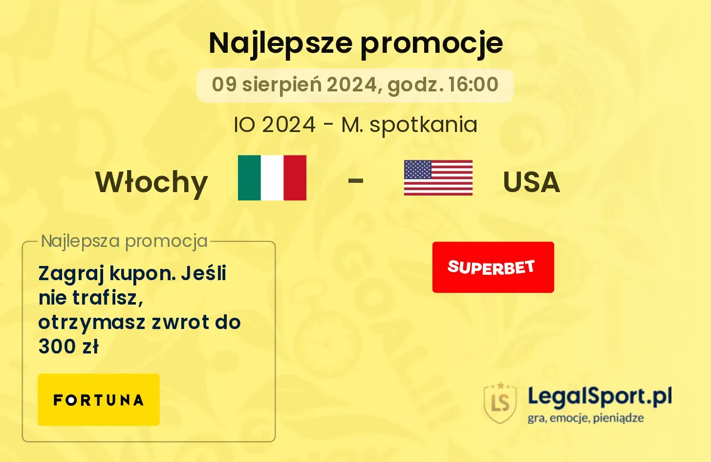 Włochy - USA promocje u bukmacherów (09.08, 16:00)