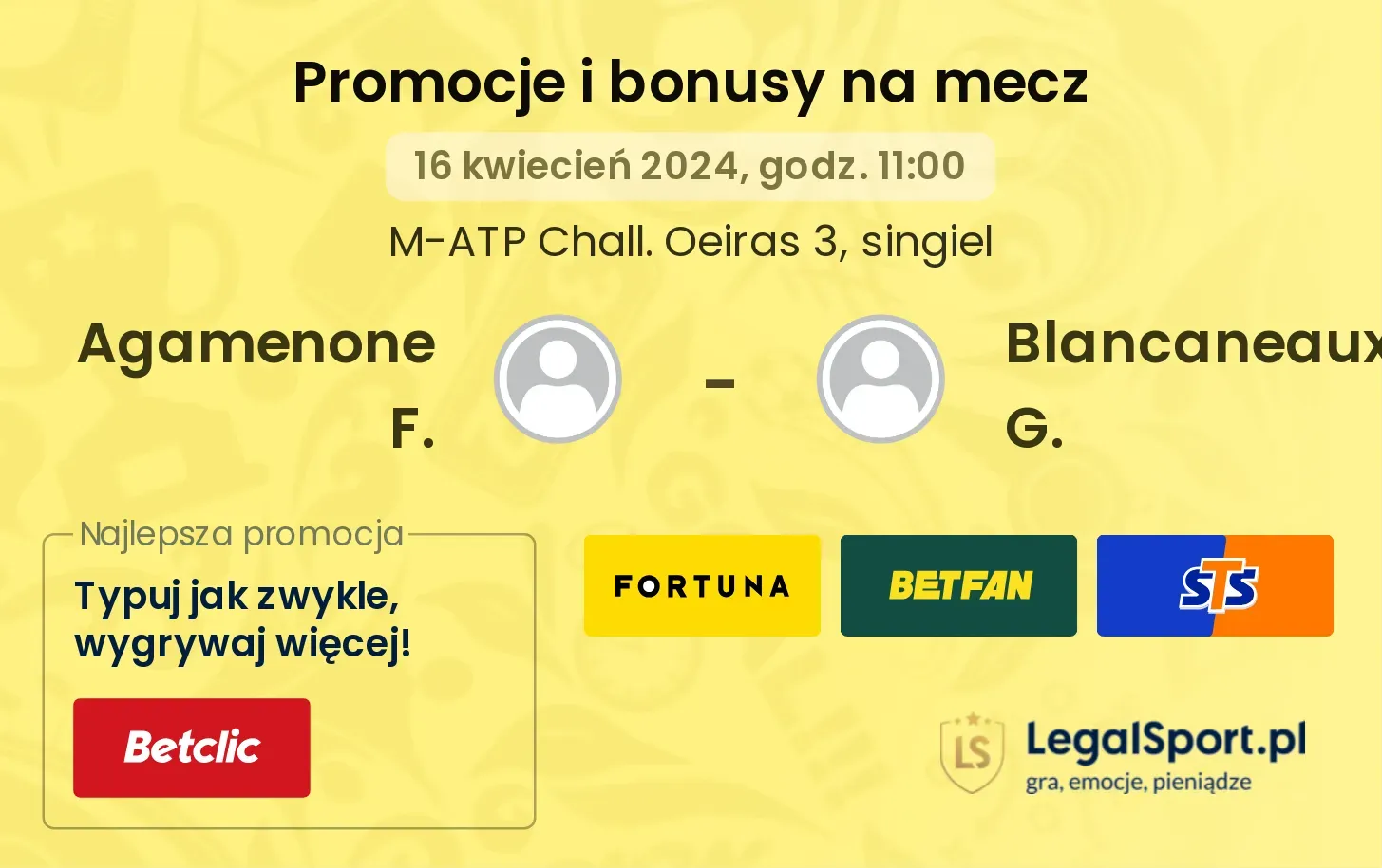Agamenone F. - Blancaneaux G. promocje bonusy na mecz