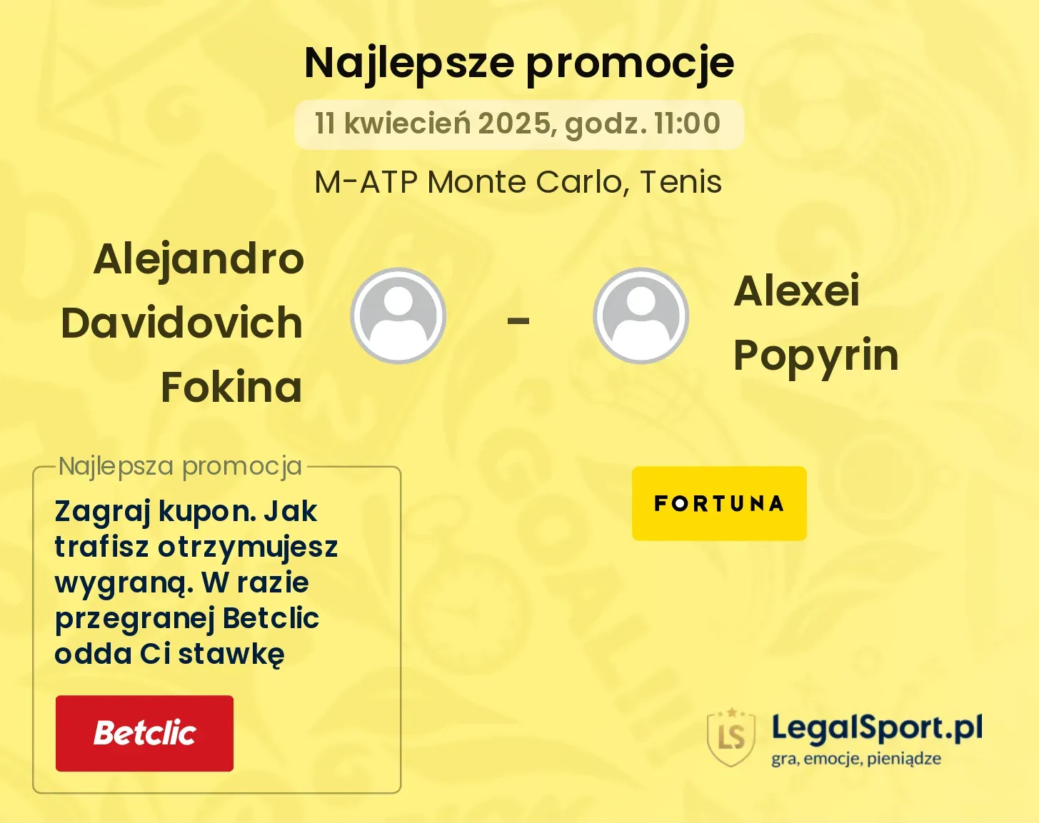 Alejandro Davidovich Fokina - Alexei Popyrin promocje u bukmacherów
