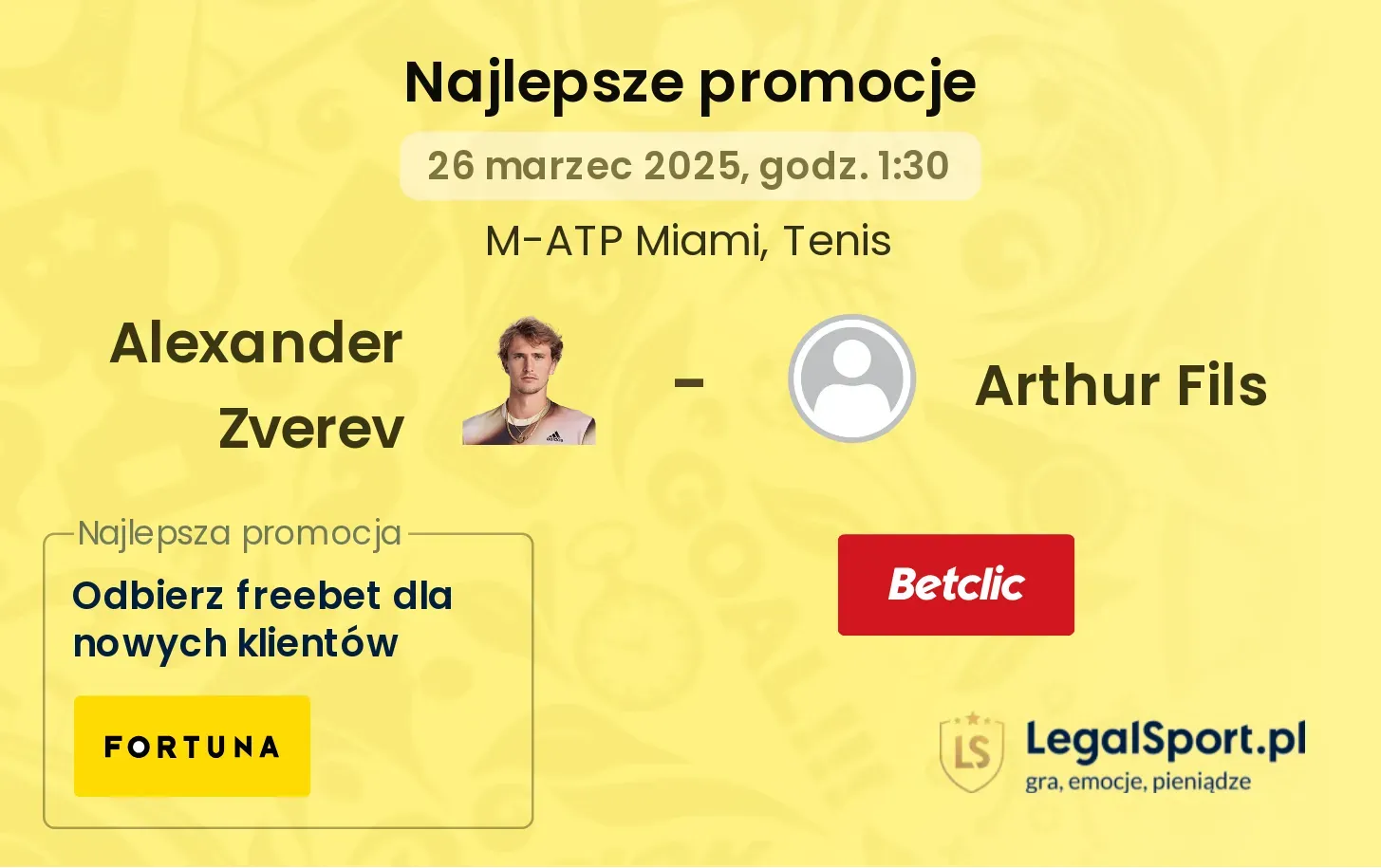 Alexander Zverev - Arthur Fils promocje bukmacherskie