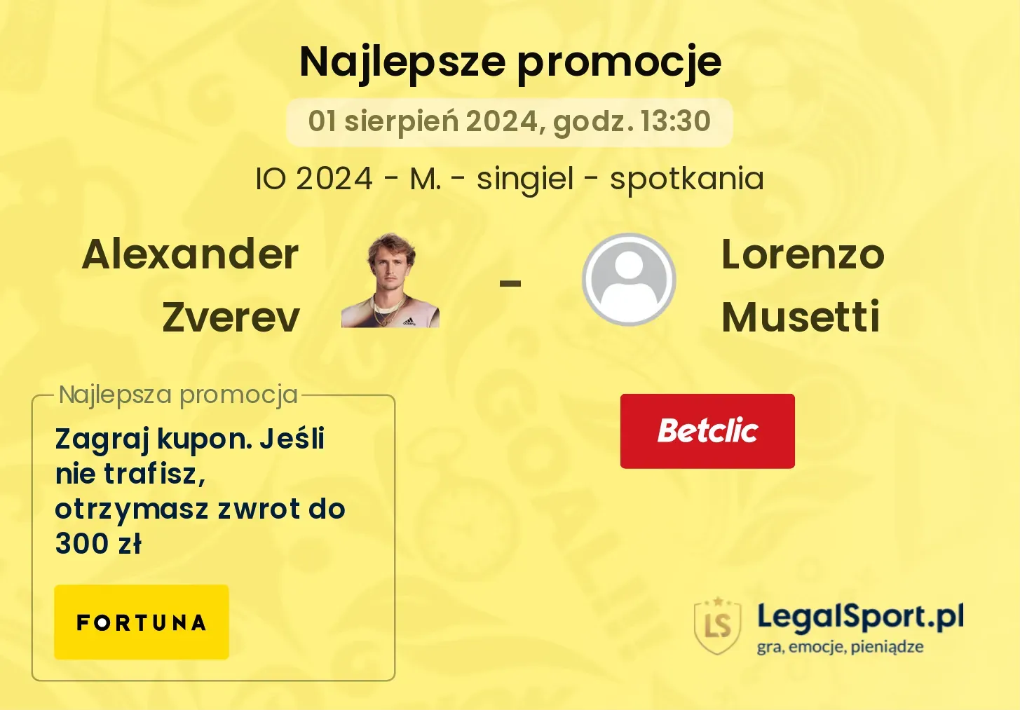Alexander Zverev - Lorenzo Musetti promocje u bukmacherów (01.08, 13:30)