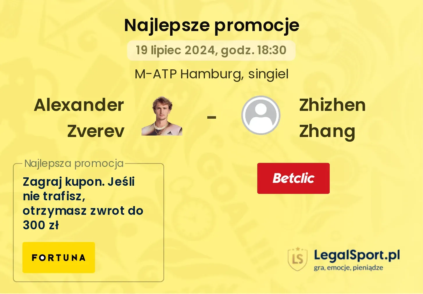 Alexander Zverev - Zhizhen Zhang promocje bukmacherskie (19.07, 18:30)