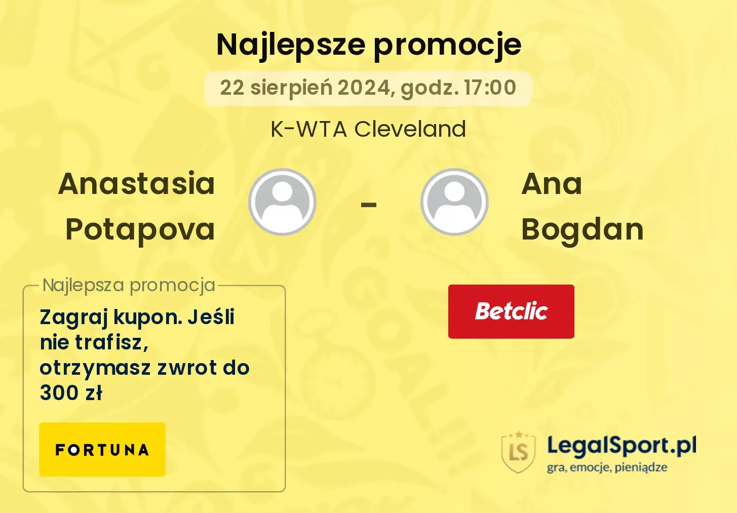 Anastasia Potapova - Ana Bogdan promocje u bukmacherów 22.08, 17:00