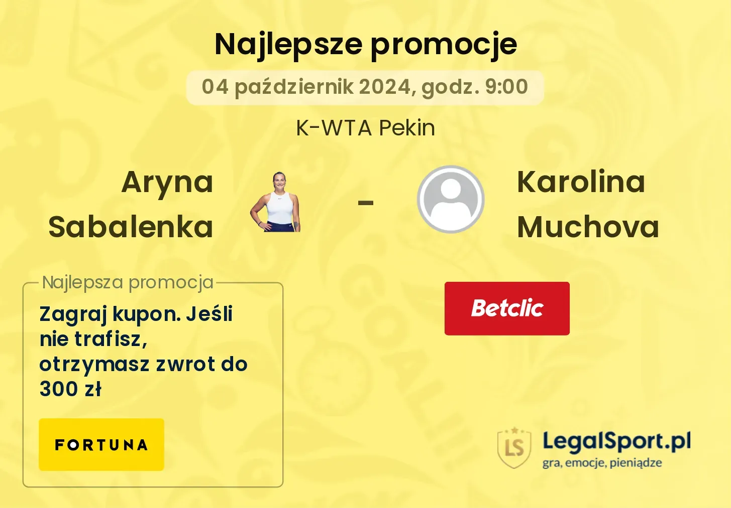 Aryna Sabalenka - Karolina Muchova promocje u bukmacherów 04.10, 09:00