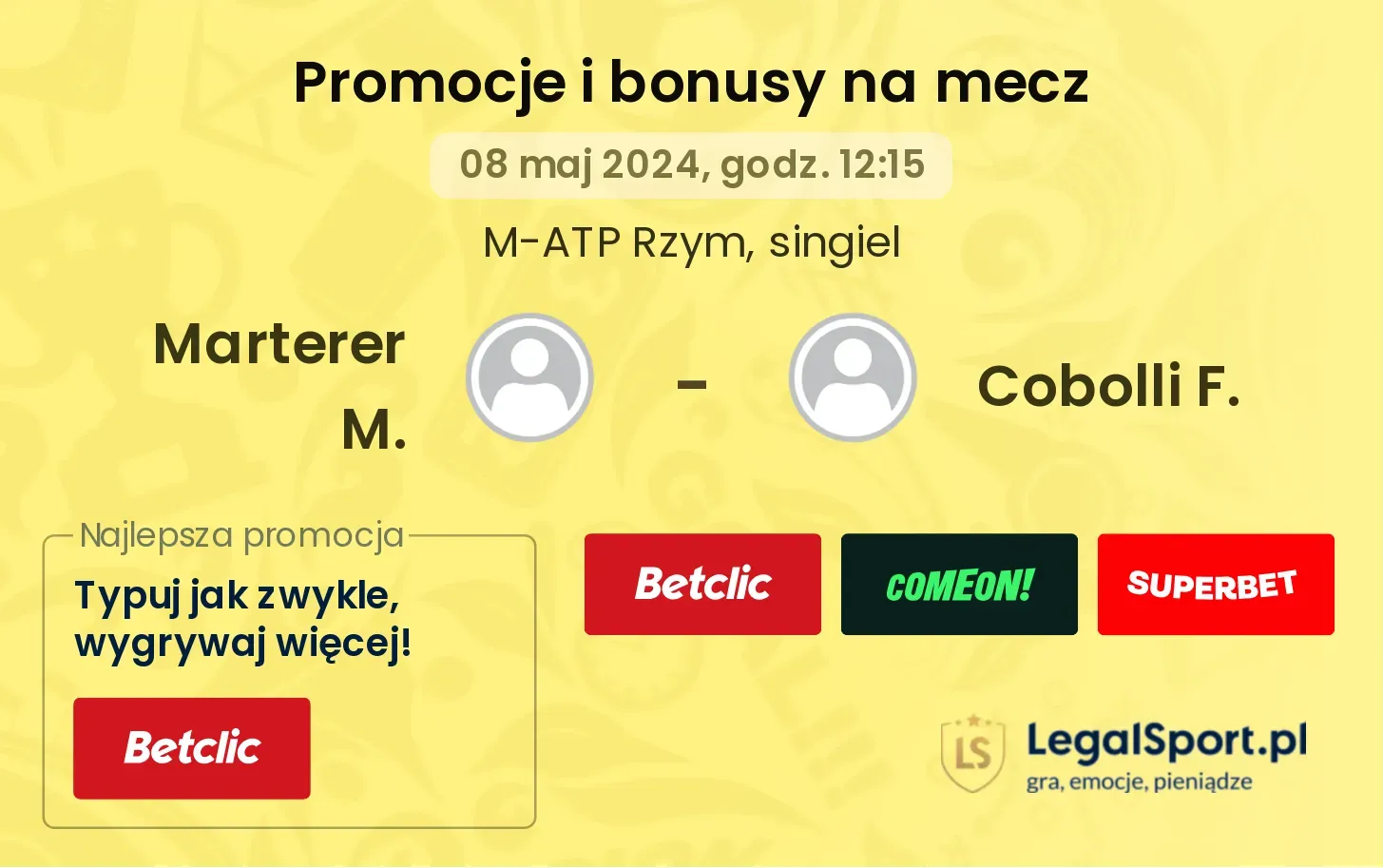 Marterer M. - Cobolli F. promocje bonusy na mecz