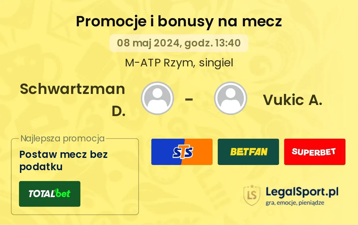 Schwartzman D. - Vukic A. promocje bonusy na mecz