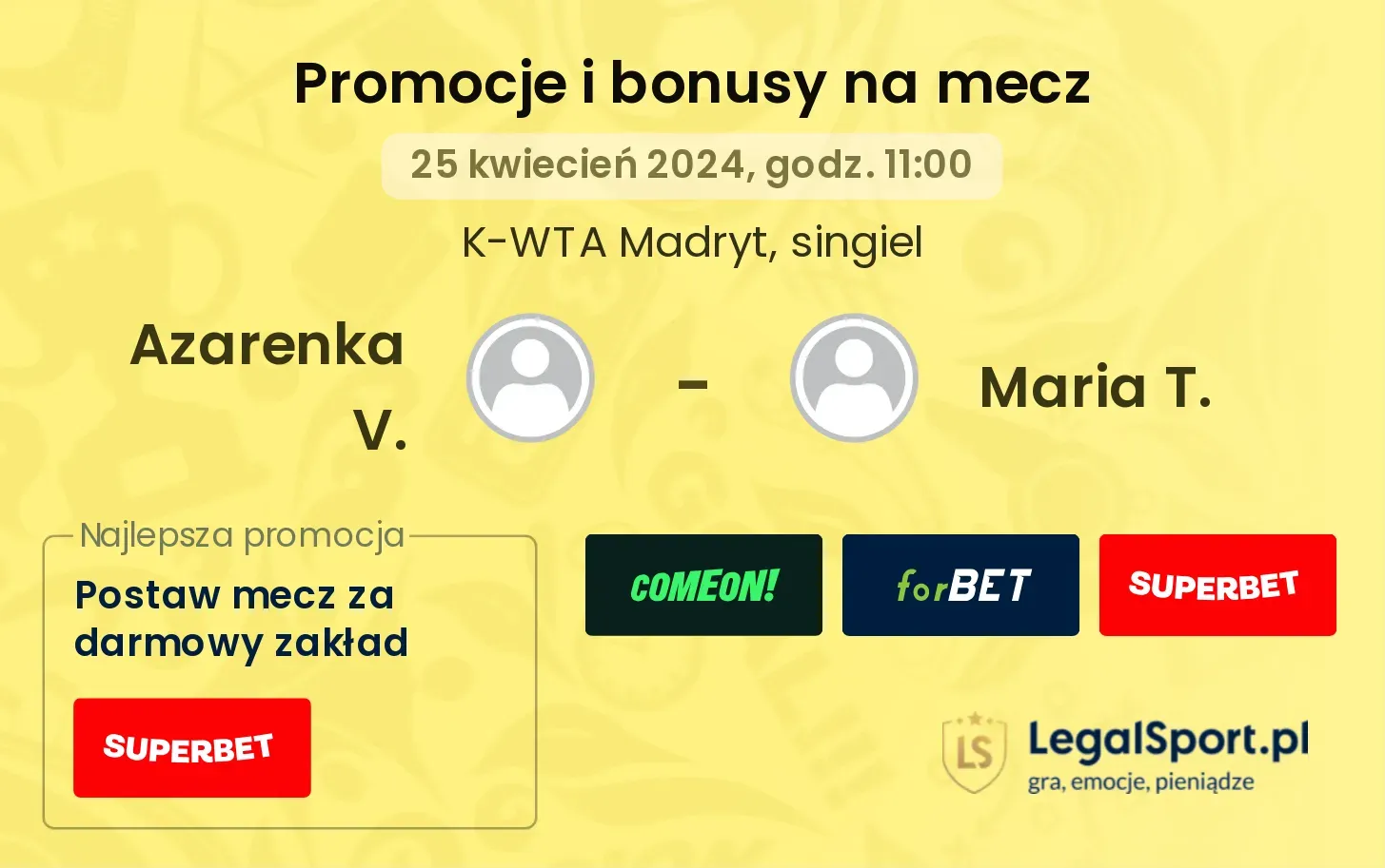Azarenka V. - Maria T. promocje bonusy na mecz