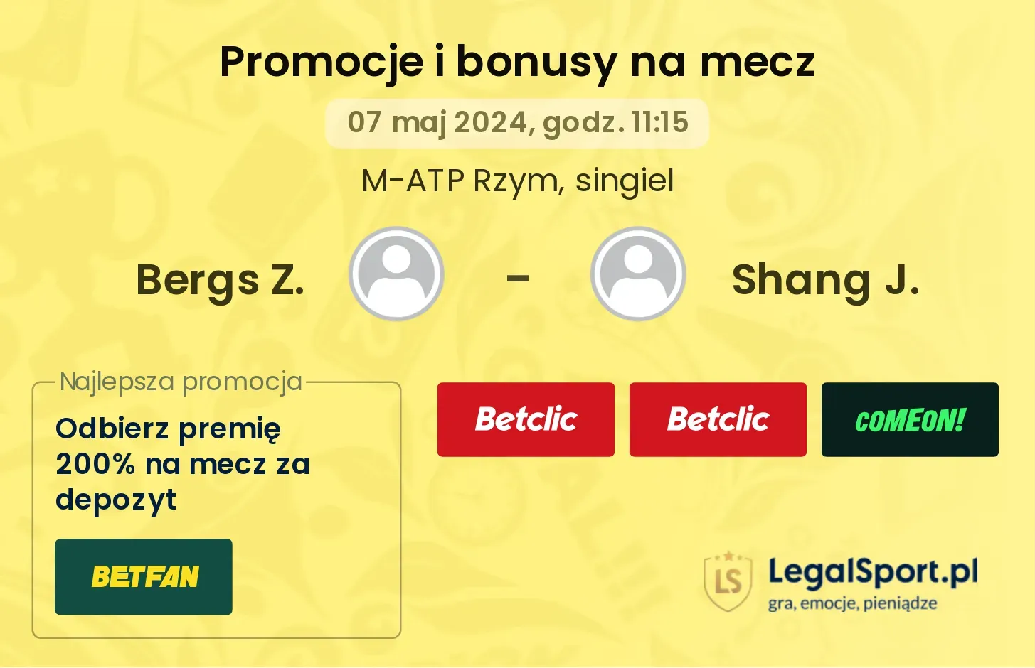 Bergs Z. - Shang J. promocje bonusy na mecz