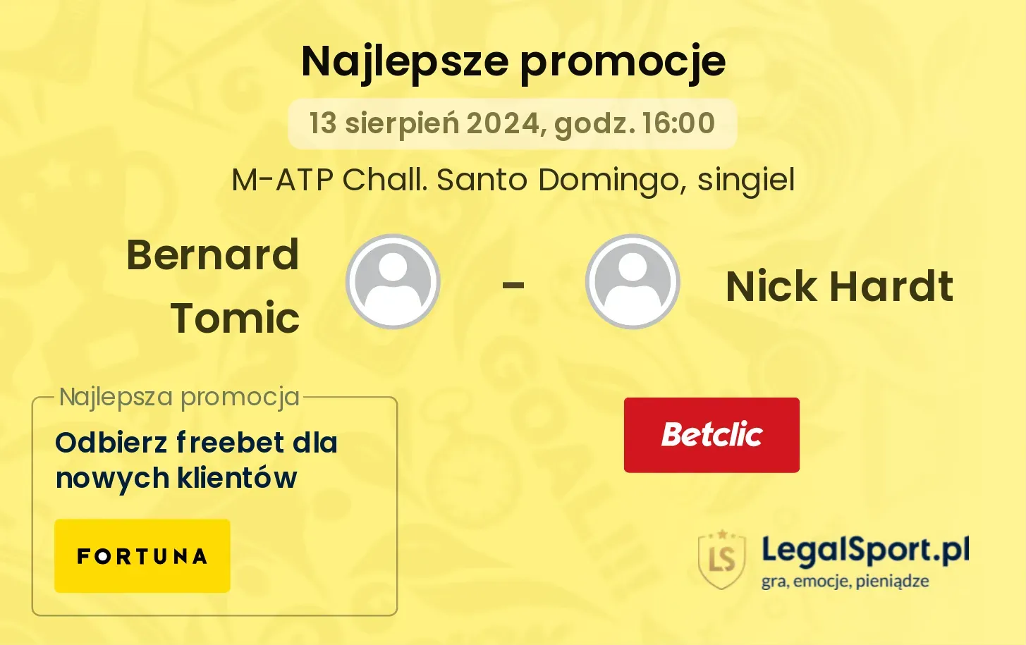 Bernard Tomic - Nick Hardt promocje bukmacherskie (13.08, 16:00)
