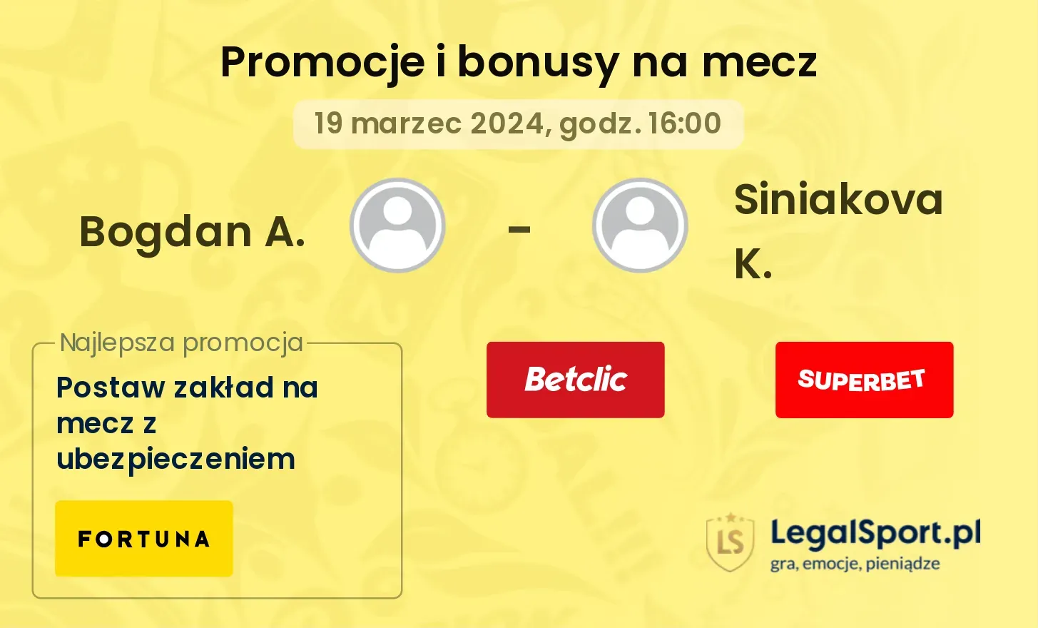 Bogdan A. - Siniakova K. promocje bonusy na mecz