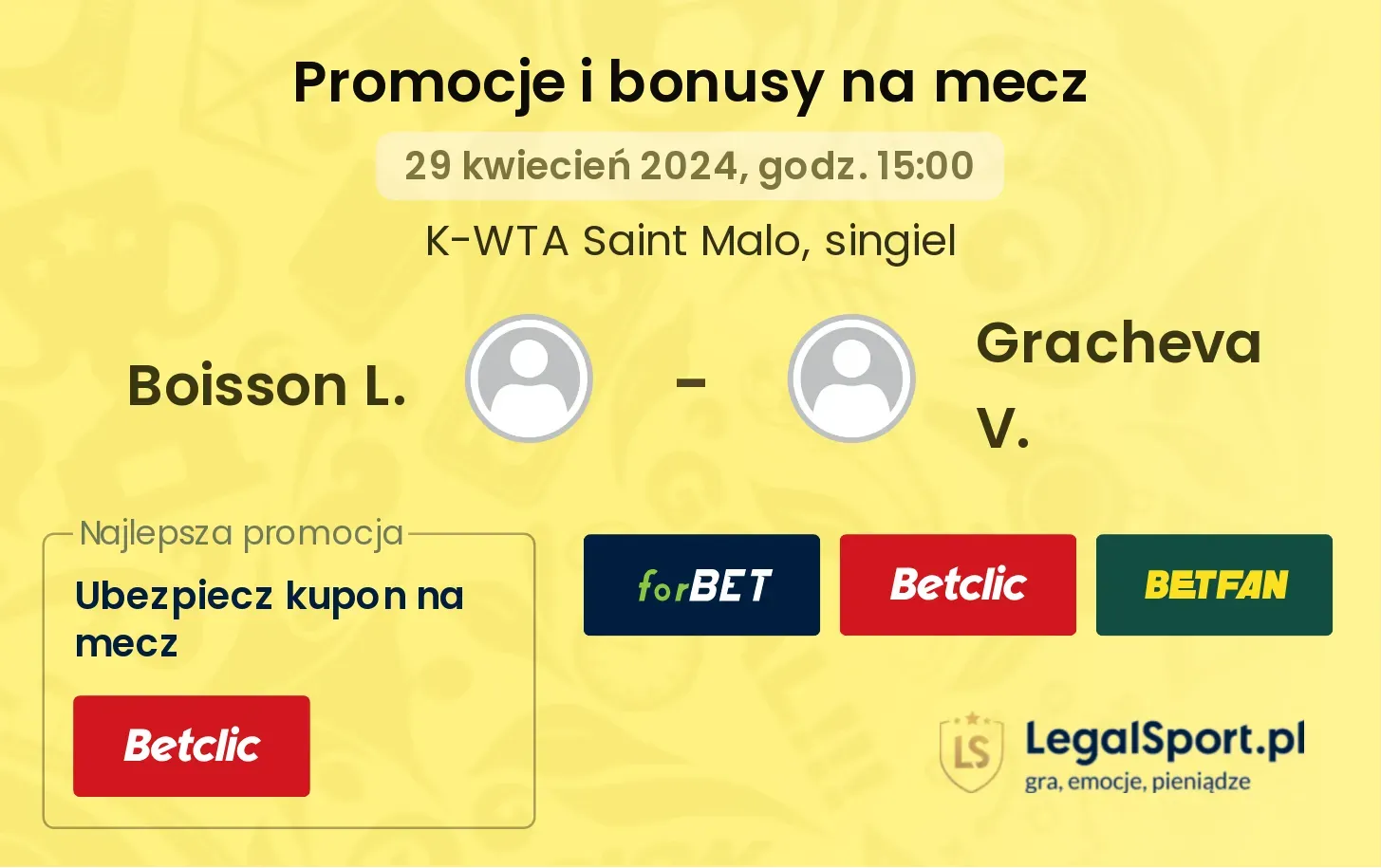 Boisson L. - Gracheva V. promocje bonusy na mecz
