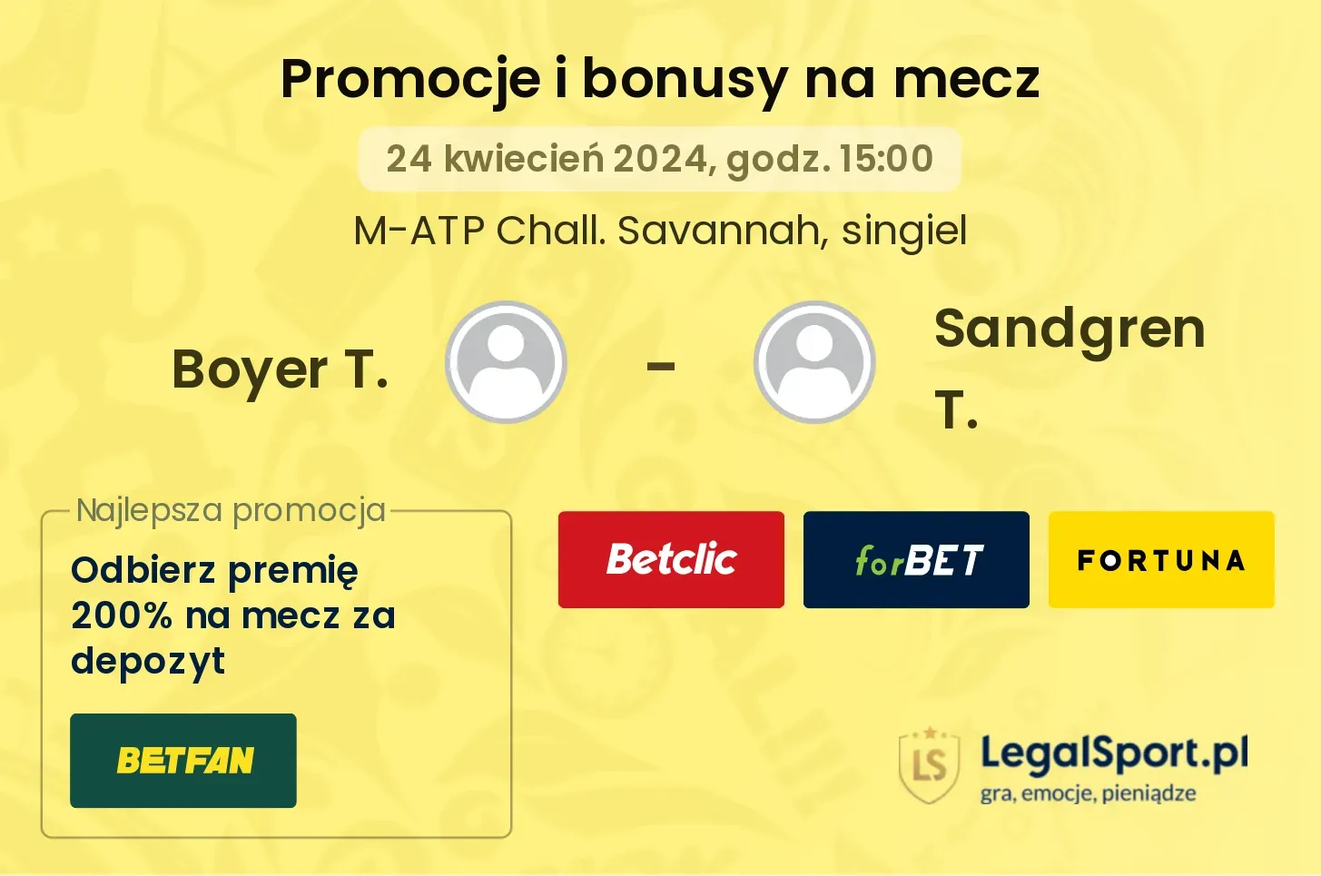 Boyer T. - Sandgren T. promocje bonusy na mecz